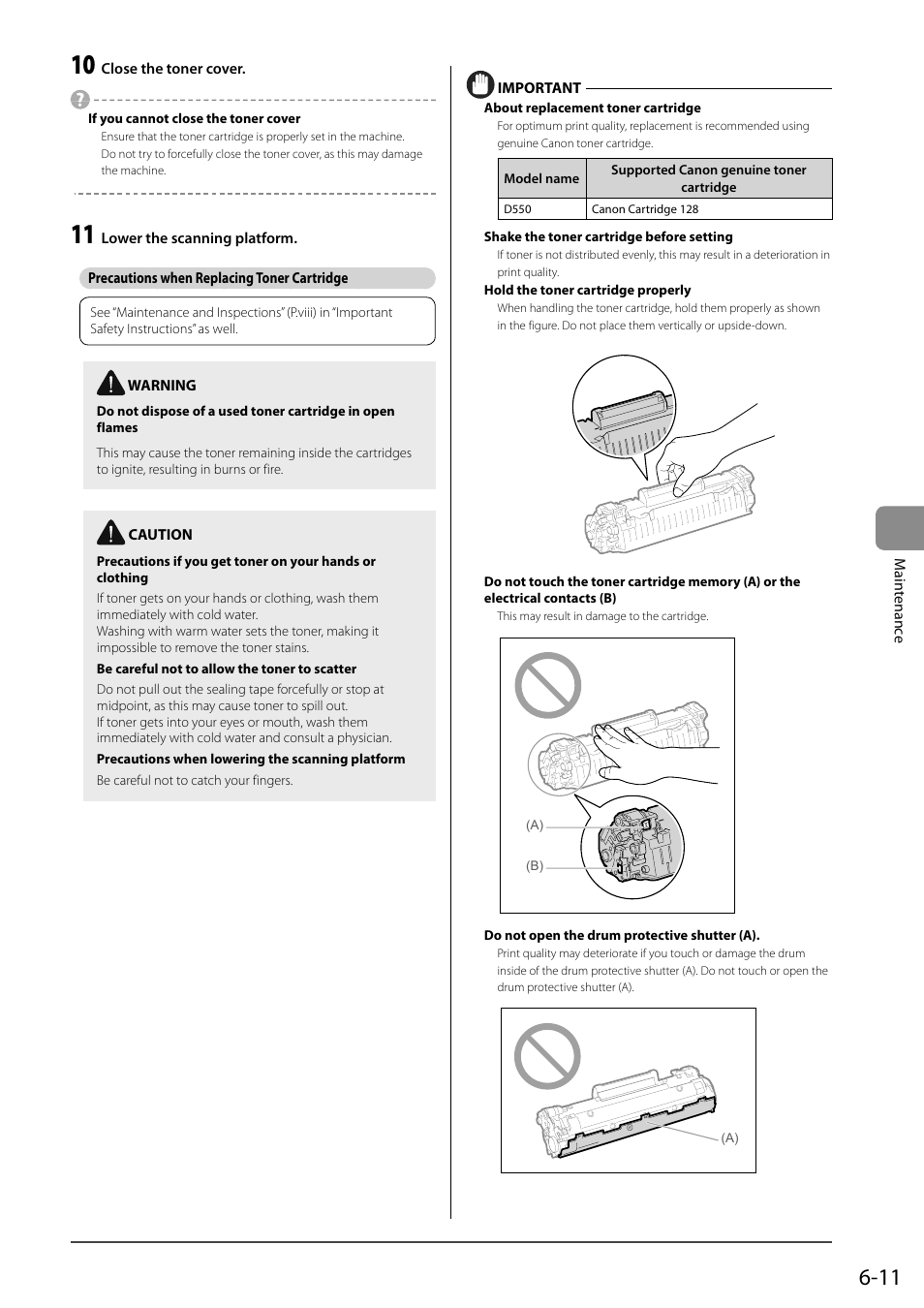 Precautions when replacing toner cartridge | Canon imageCLASS D550 User Manual | Page 79 / 116