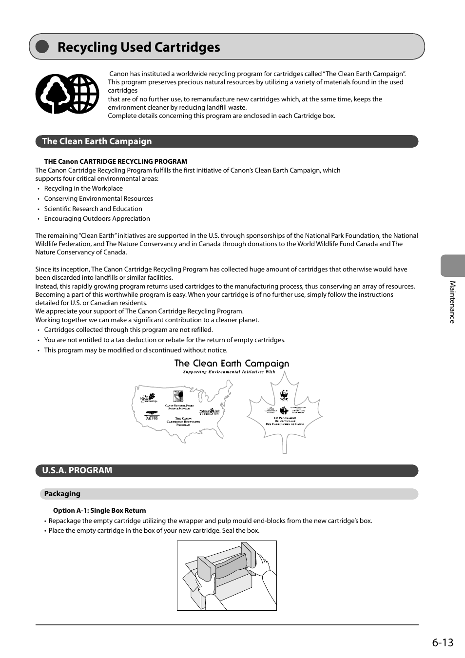 Recycling used cartridges, The clean earth campaign, U.s.a. program | Packaging, Packaging 6-13 | Canon imageCLASS D550 User Manual | Page 81 / 116