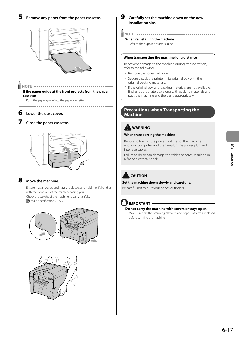 Precautions when transporting the machine | Canon imageCLASS D550 User Manual | Page 85 / 116