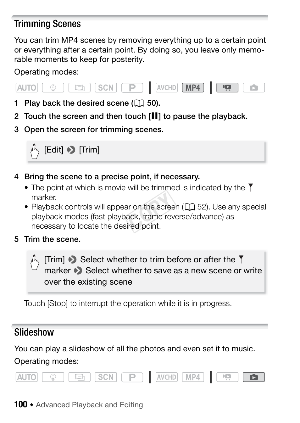 Trimming scenes, Slideshow, Cop y | Canon VIXIA HF R42 User Manual | Page 100 / 196
