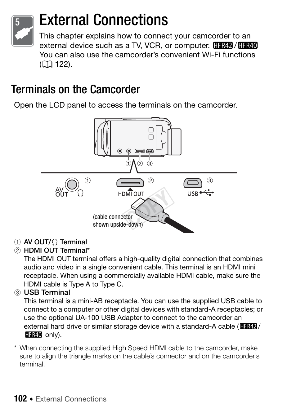 External connections, 102 terminals on the camcorder, Cop y | Terminals on the camcorder | Canon VIXIA HF R42 User Manual | Page 102 / 196