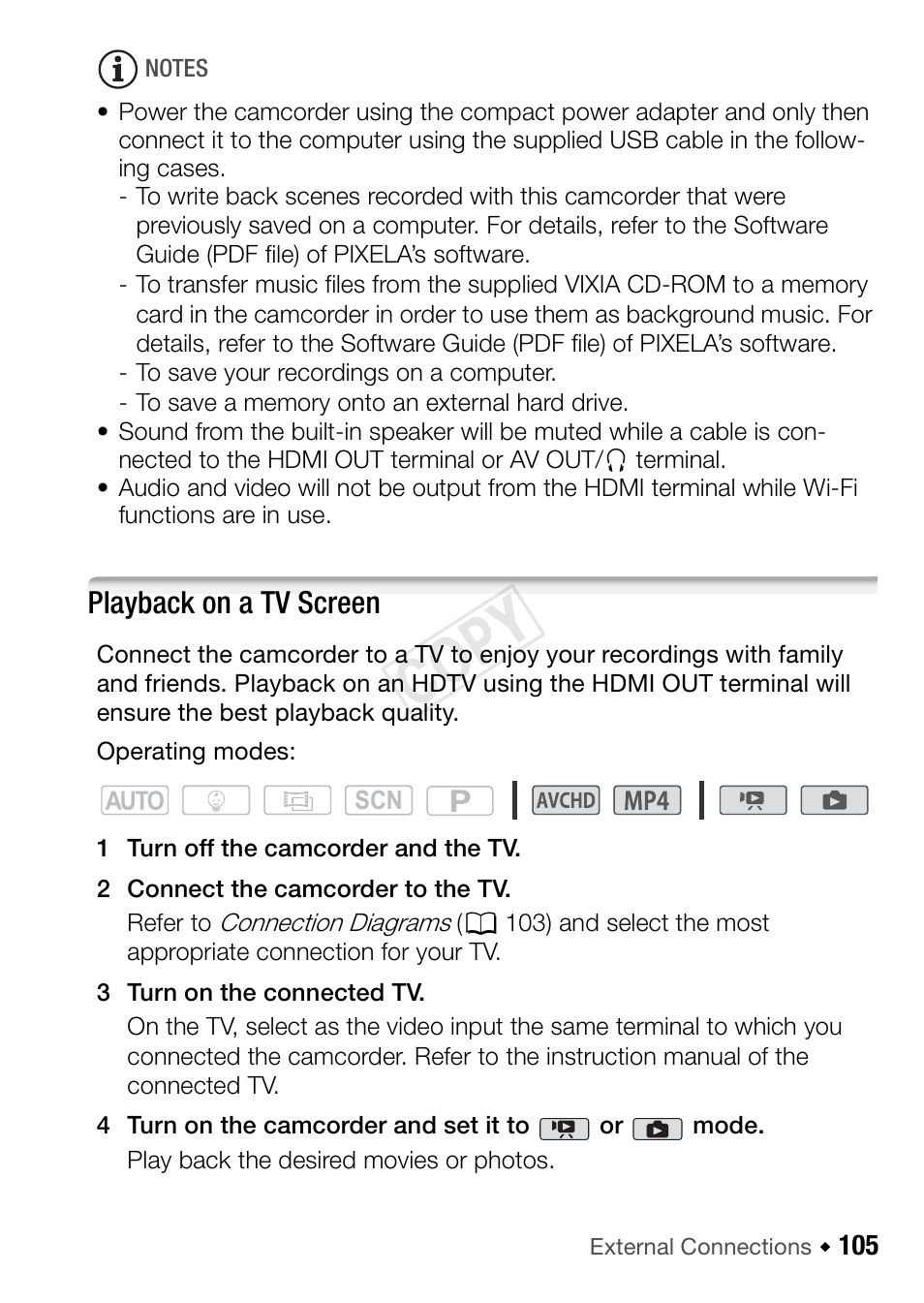 105 playback on a tv screen, Cop y, Playback on a tv screen | Canon VIXIA HF R42 User Manual | Page 105 / 196
