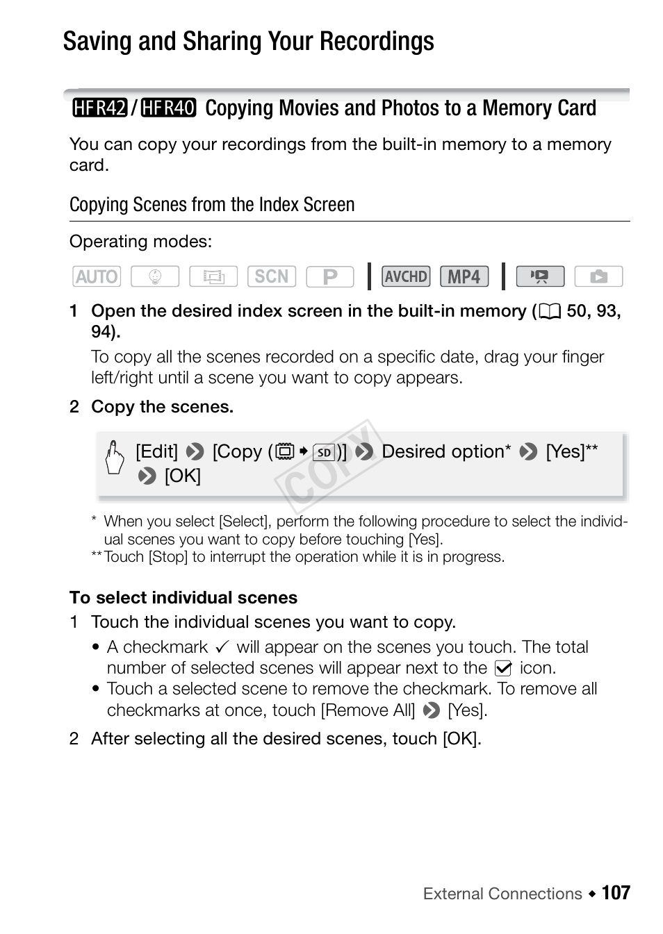 107 saving and sharing your recordings, 6/4 copying movies and photos to a memory card, Cop y | Saving and sharing your recordings | Canon VIXIA HF R42 User Manual | Page 107 / 196