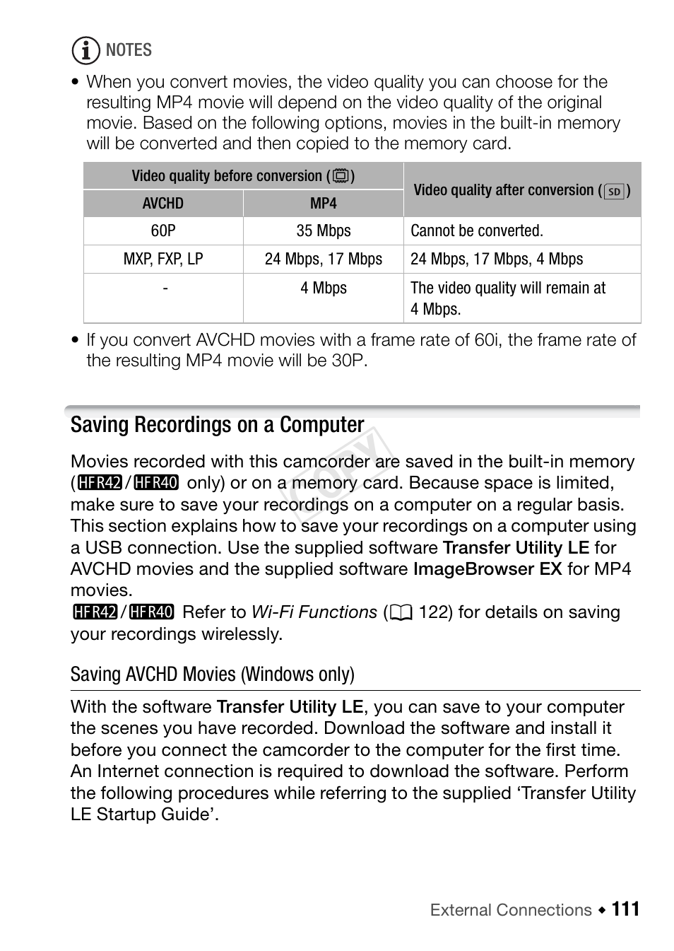 Saving recordings on a computer, Cop y | Canon VIXIA HF R42 User Manual | Page 111 / 196