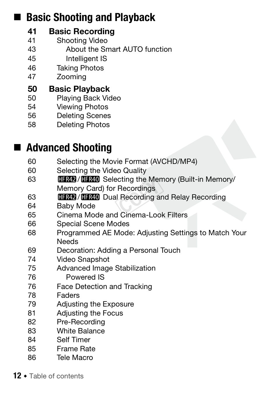 C op y, Basic shooting and playback, Advanced shooting | Canon VIXIA HF R42 User Manual | Page 12 / 196