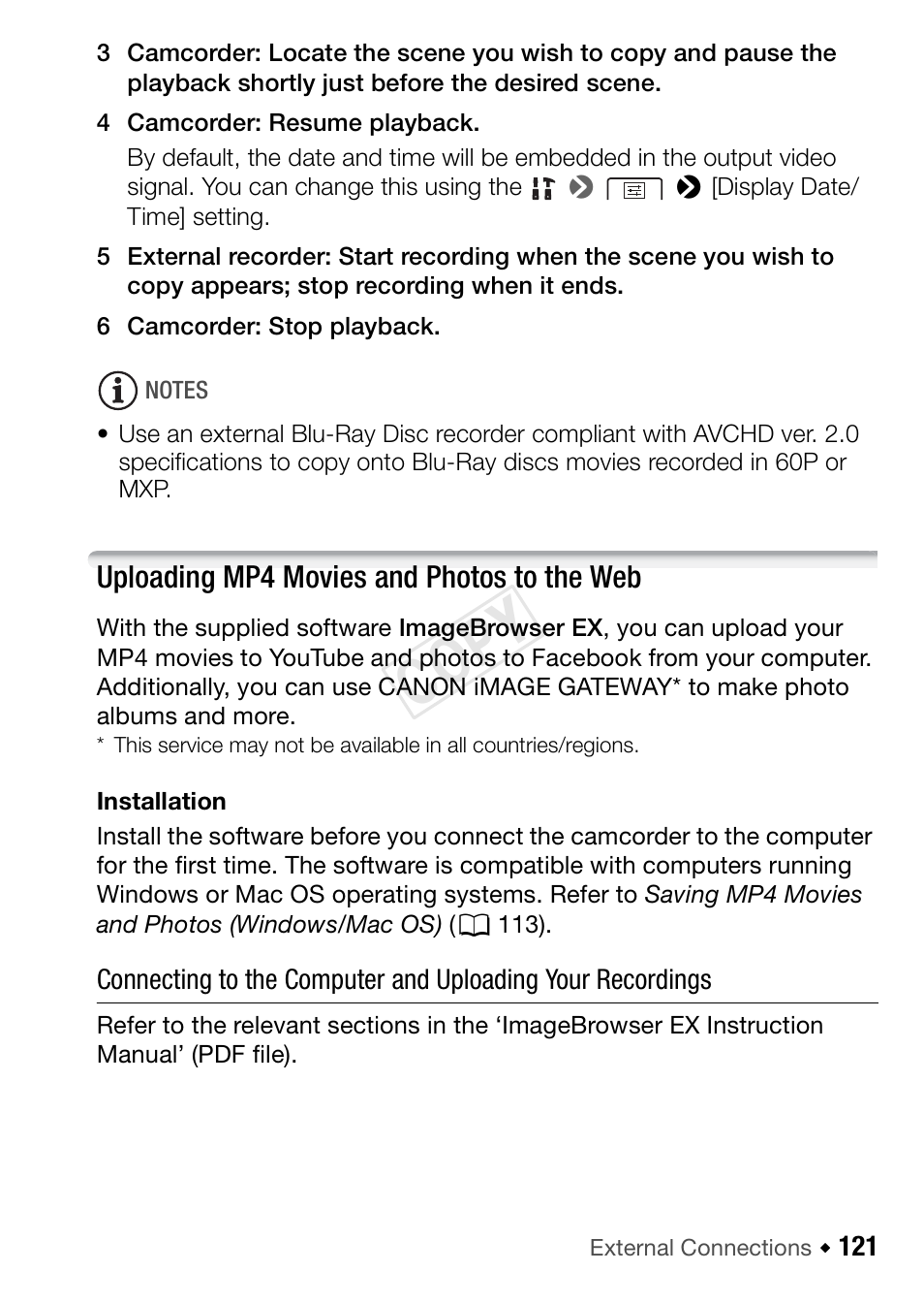 Uploading mp4 movies and photos to the web, Cop y | Canon VIXIA HF R42 User Manual | Page 121 / 196