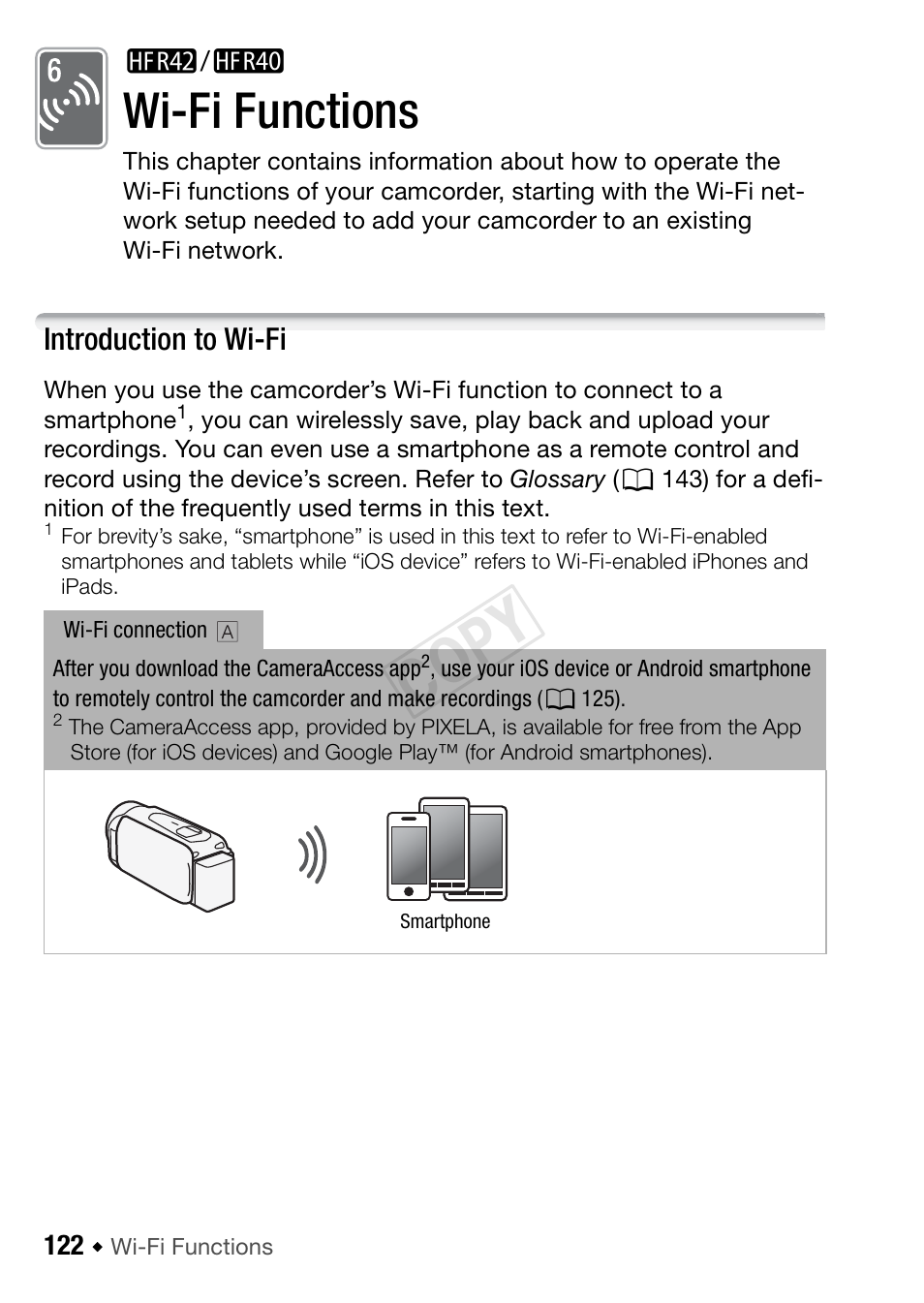 6/4 wi-fi functions, Introduction to wi-fi, Cop y | Wi-fi functions | Canon VIXIA HF R42 User Manual | Page 122 / 196