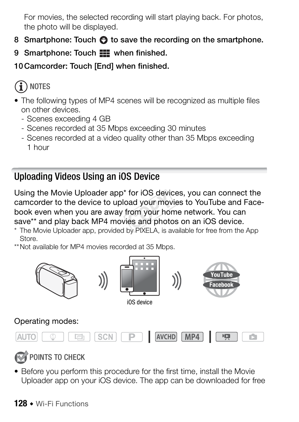 Uploading videos using an ios device, Cop y | Canon VIXIA HF R42 User Manual | Page 128 / 196