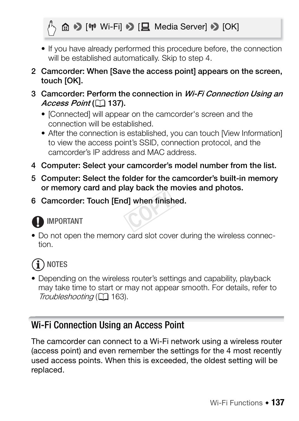 Wi-fi connection using an access point, Cop y | Canon VIXIA HF R42 User Manual | Page 137 / 196