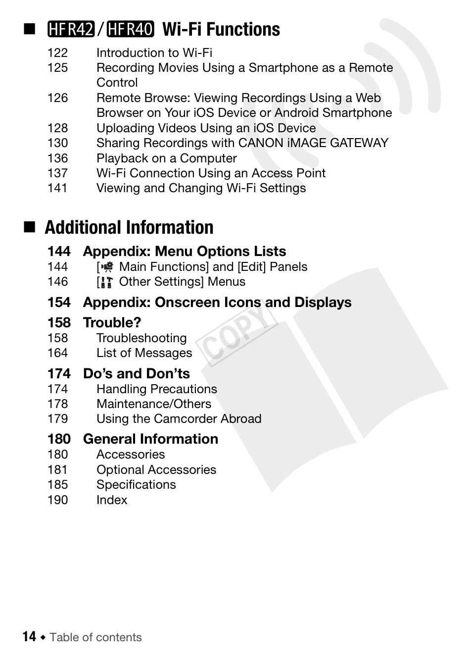 C op y, 6/4 wi-fi functions, Additional information | Canon VIXIA HF R42 User Manual | Page 14 / 196