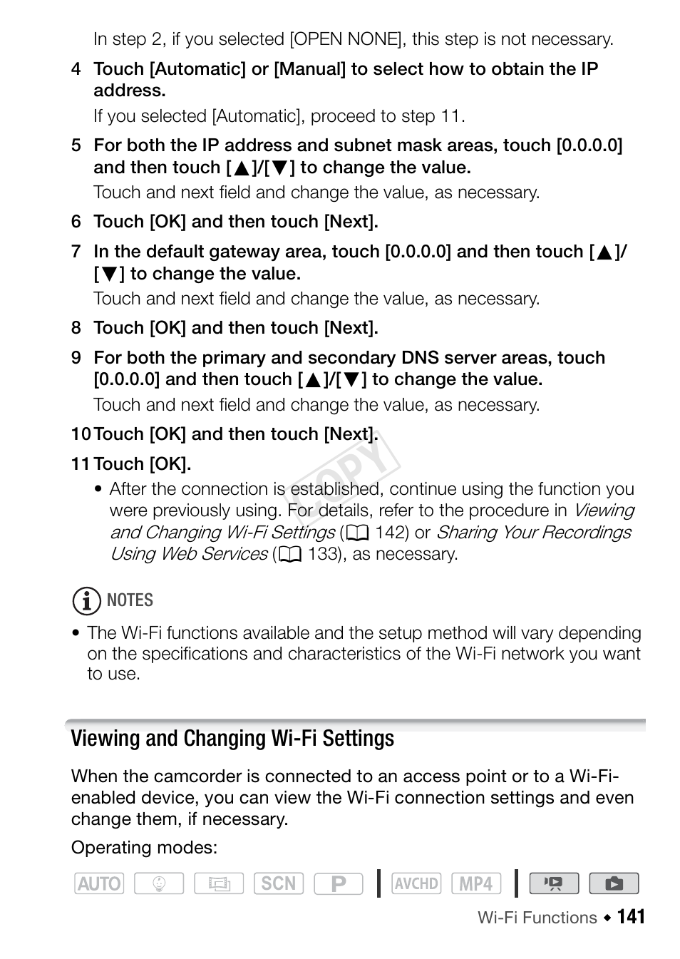 Viewing and changing wi-fi settings, Cop y | Canon VIXIA HF R42 User Manual | Page 141 / 196