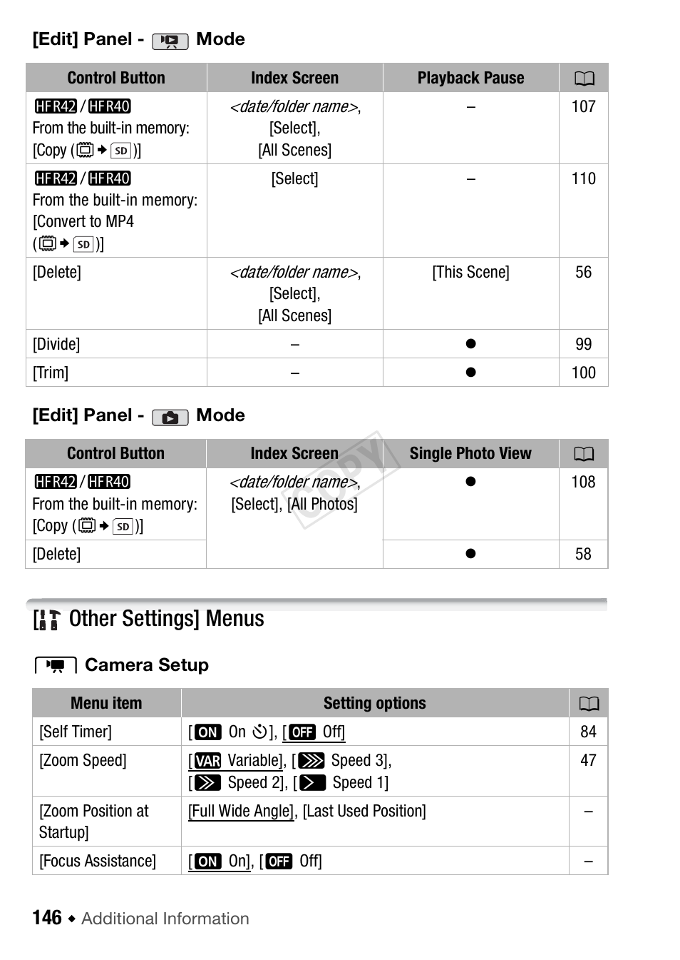 Other settings] menus, Cop y | Canon VIXIA HF R42 User Manual | Page 146 / 196