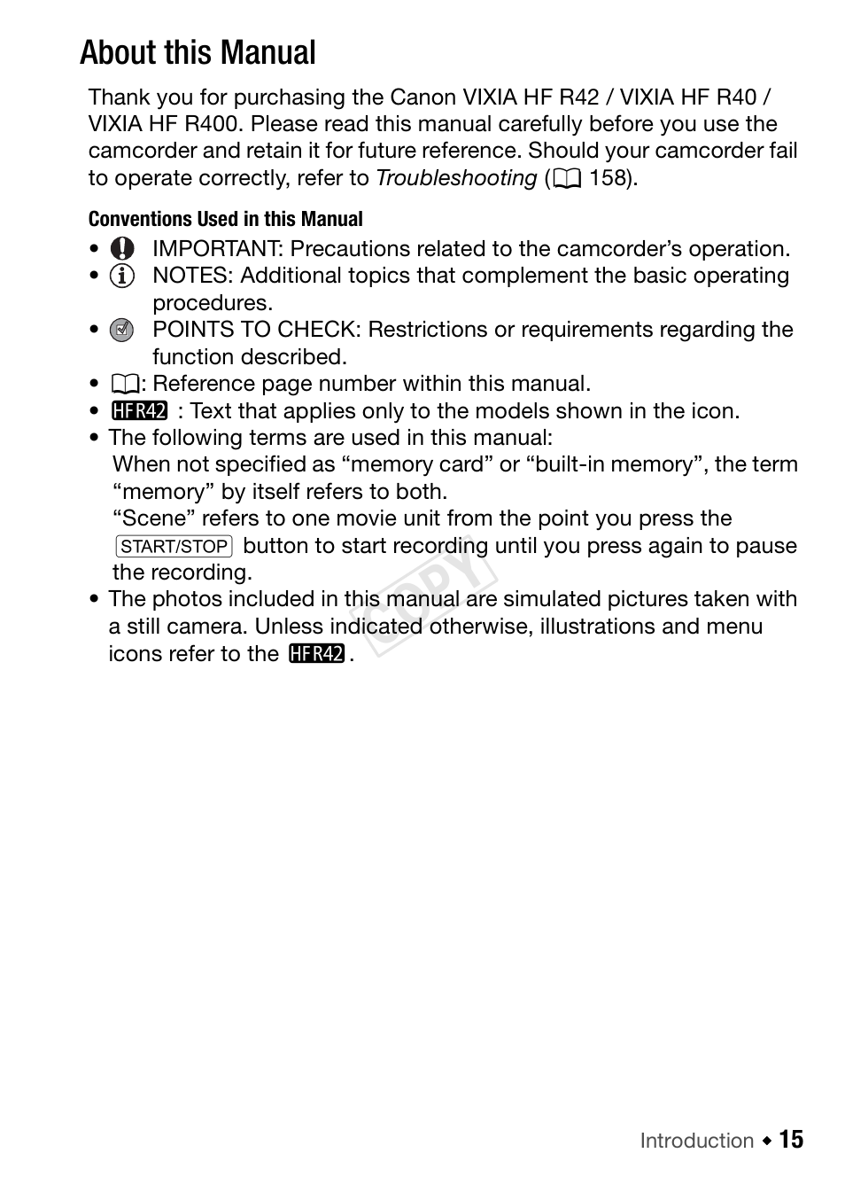 About this manual, Cop y | Canon VIXIA HF R42 User Manual | Page 15 / 196