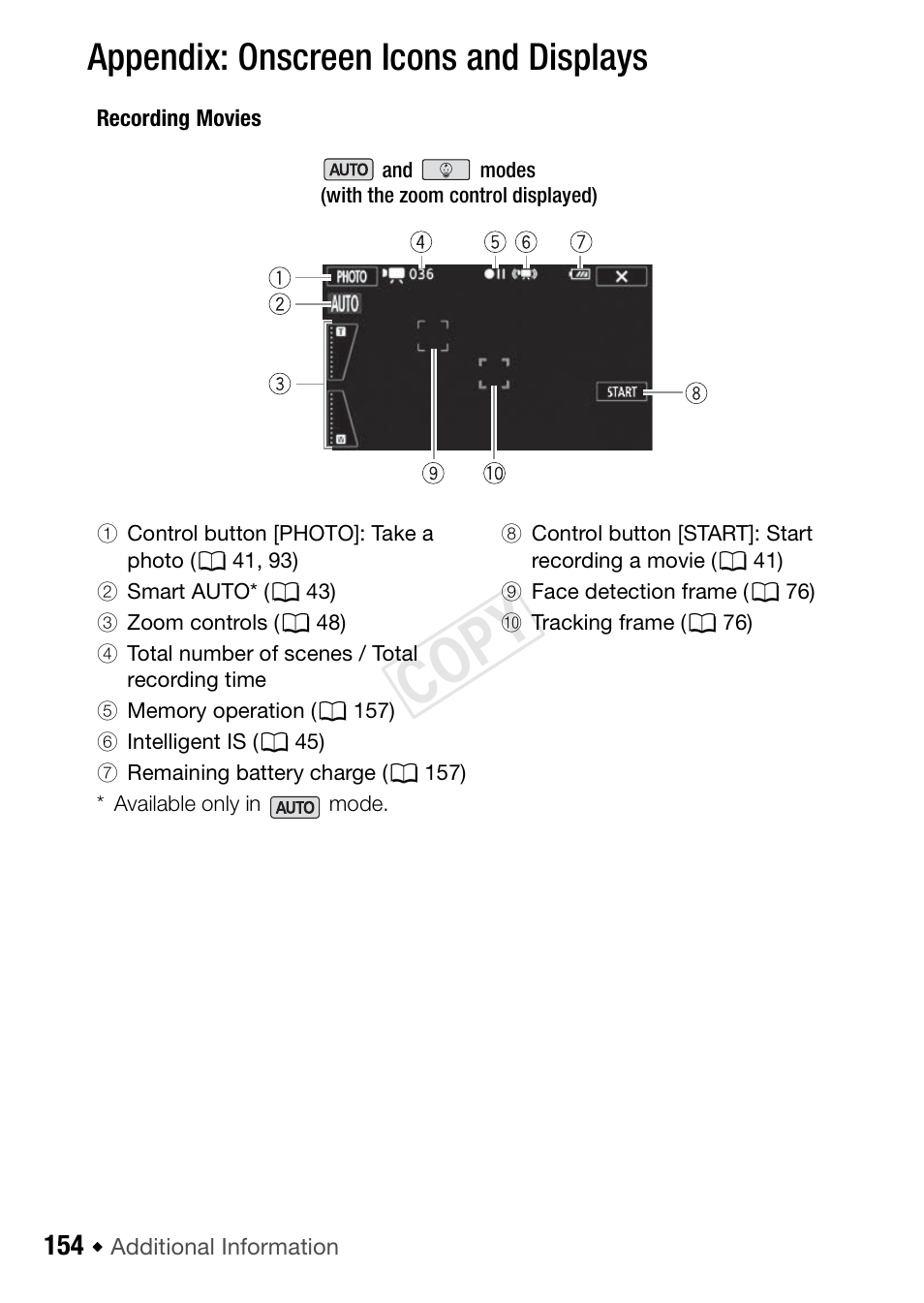 154 appendix: onscreen icons and displays, Cop y, Appendix: onscreen icons and displays | Canon VIXIA HF R42 User Manual | Page 154 / 196