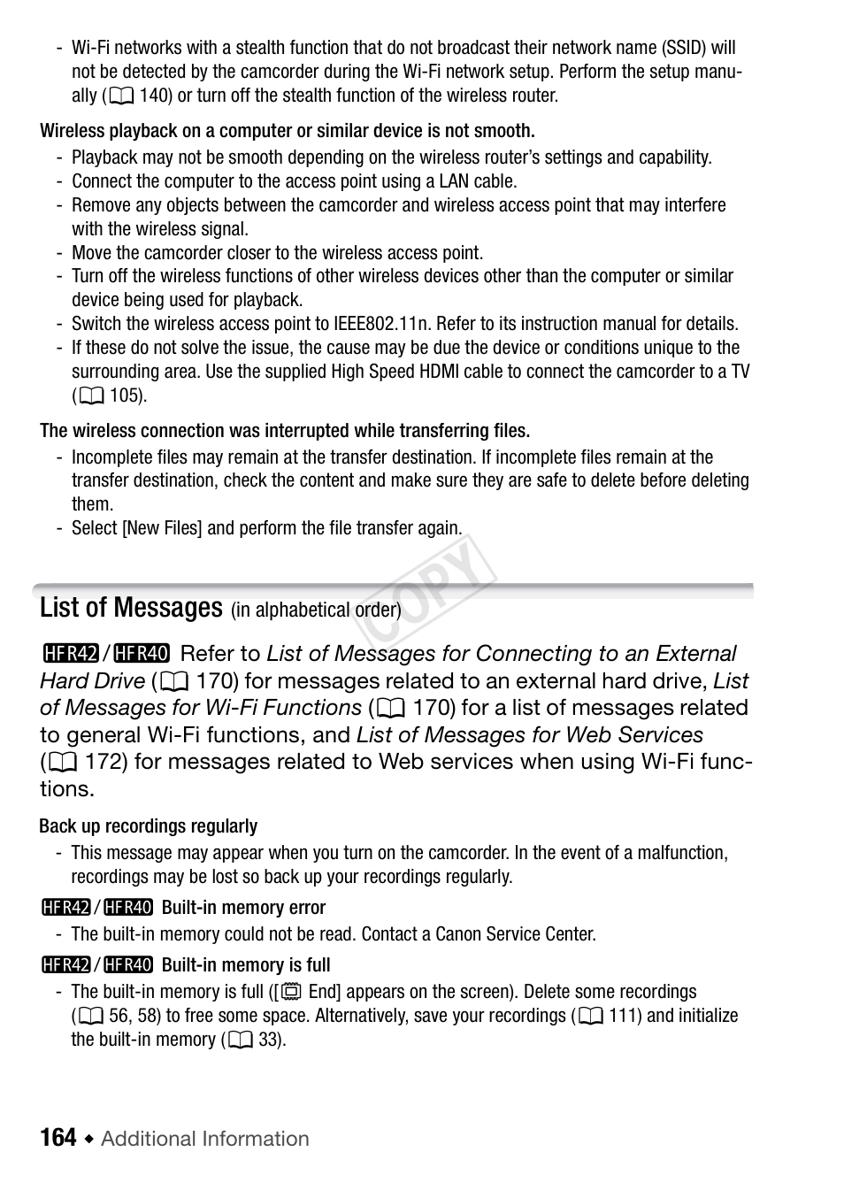 List of messages, Cop y | Canon VIXIA HF R42 User Manual | Page 164 / 196