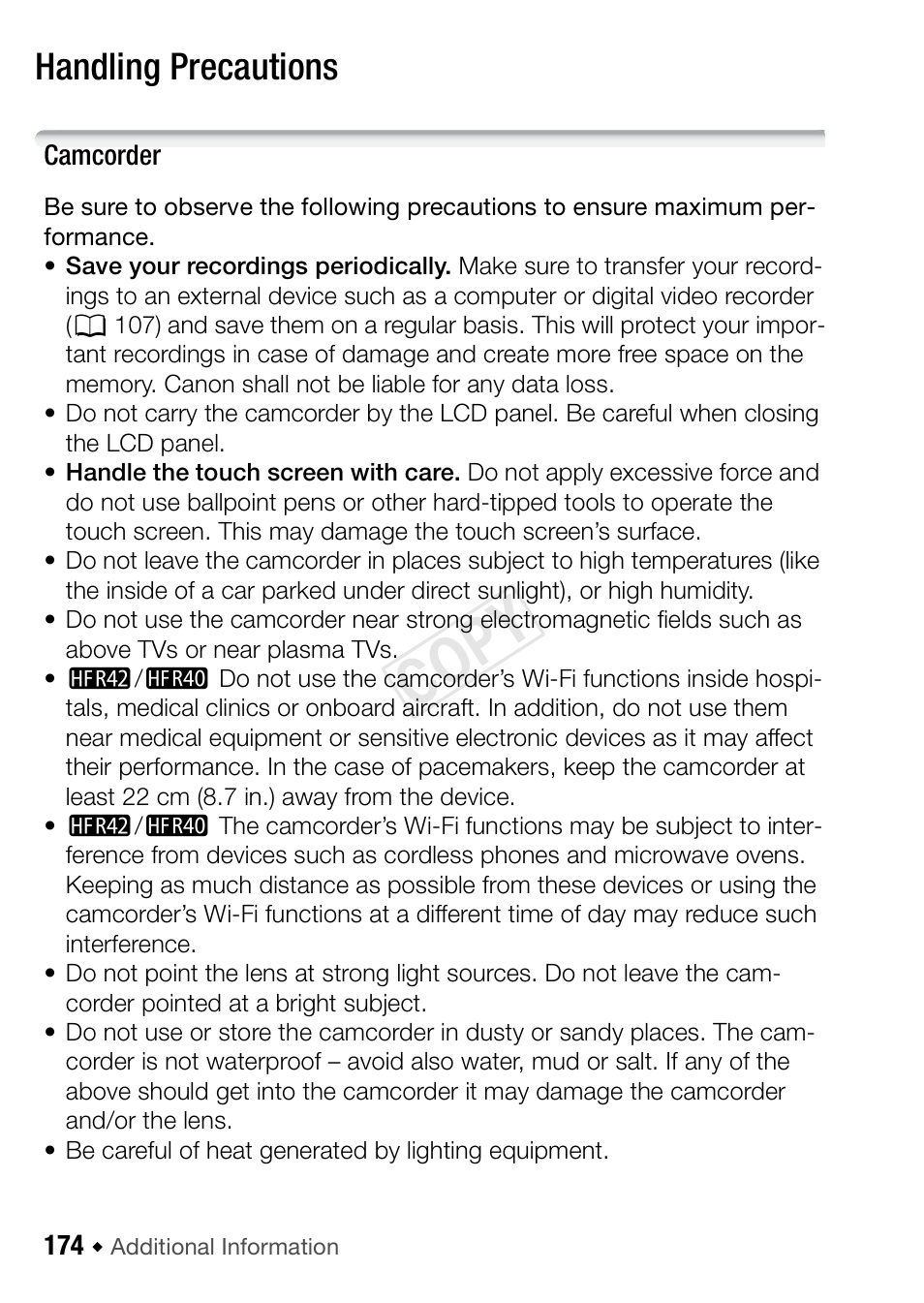 174 do’s and don’ts, Handling precautions, Cop y | Canon VIXIA HF R42 User Manual | Page 174 / 196