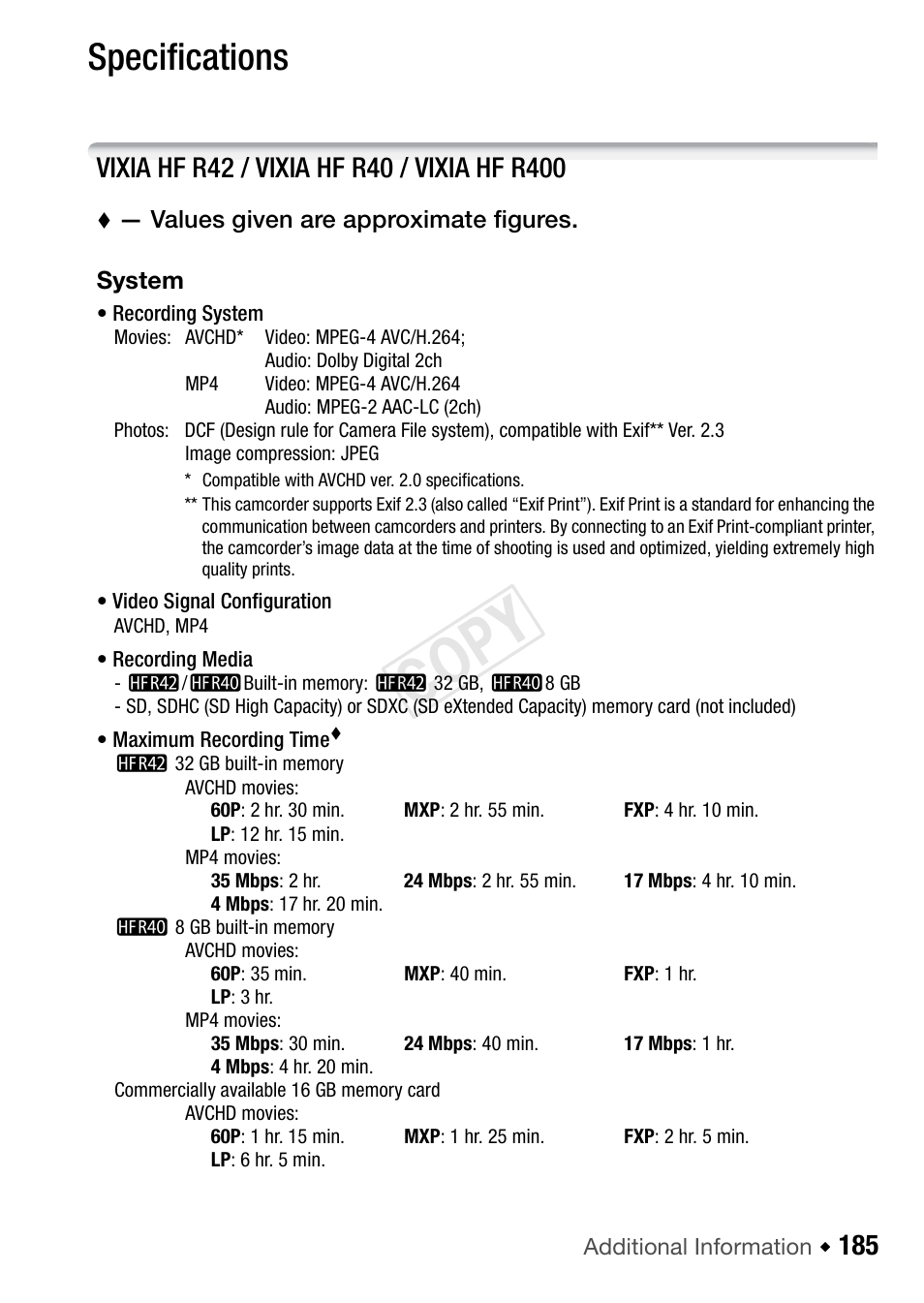 Specifications, Cop y | Canon VIXIA HF R42 User Manual | Page 185 / 196