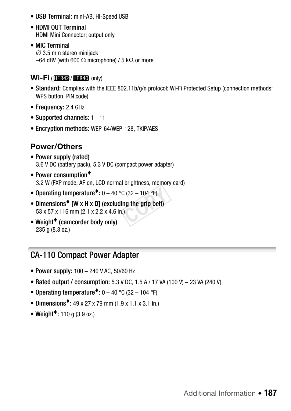 Cop y, Ca-110 compact power adapter | Canon VIXIA HF R42 User Manual | Page 187 / 196