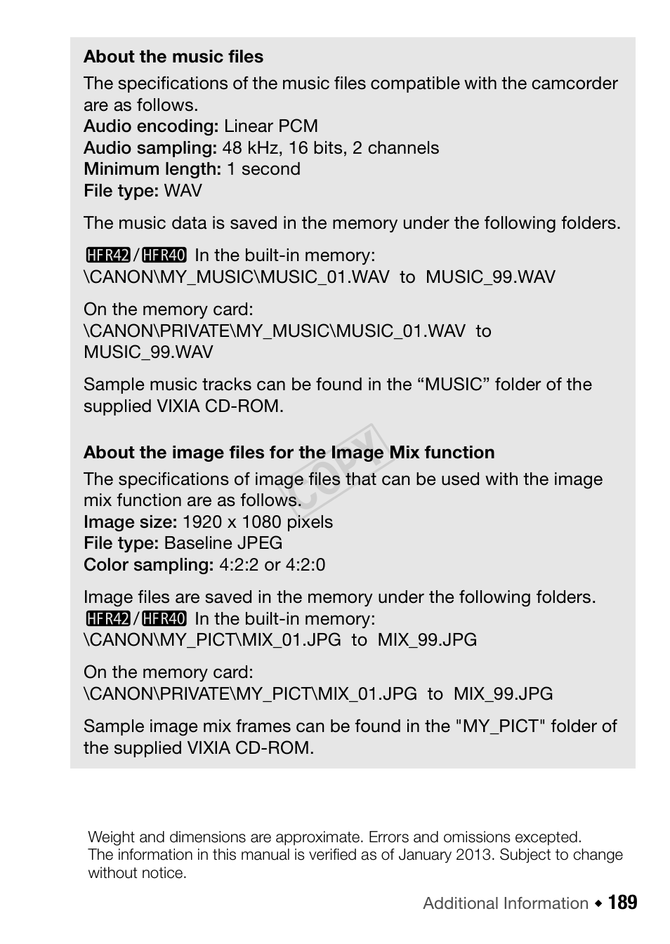 189) f, Cop y | Canon VIXIA HF R42 User Manual | Page 189 / 196