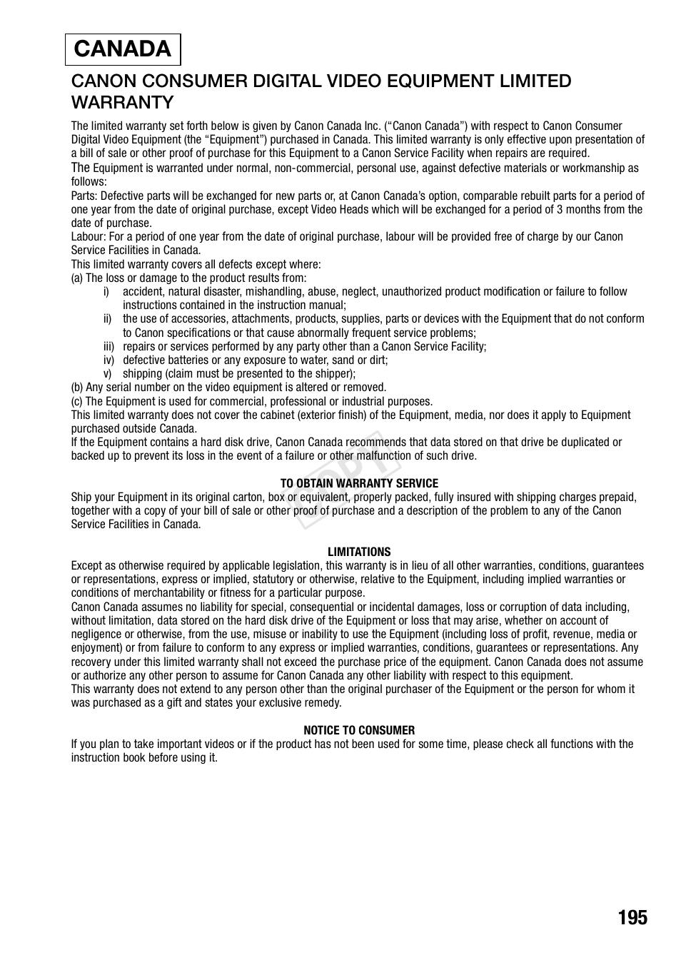 Cop y, Canada | Canon VIXIA HF R42 User Manual | Page 195 / 196