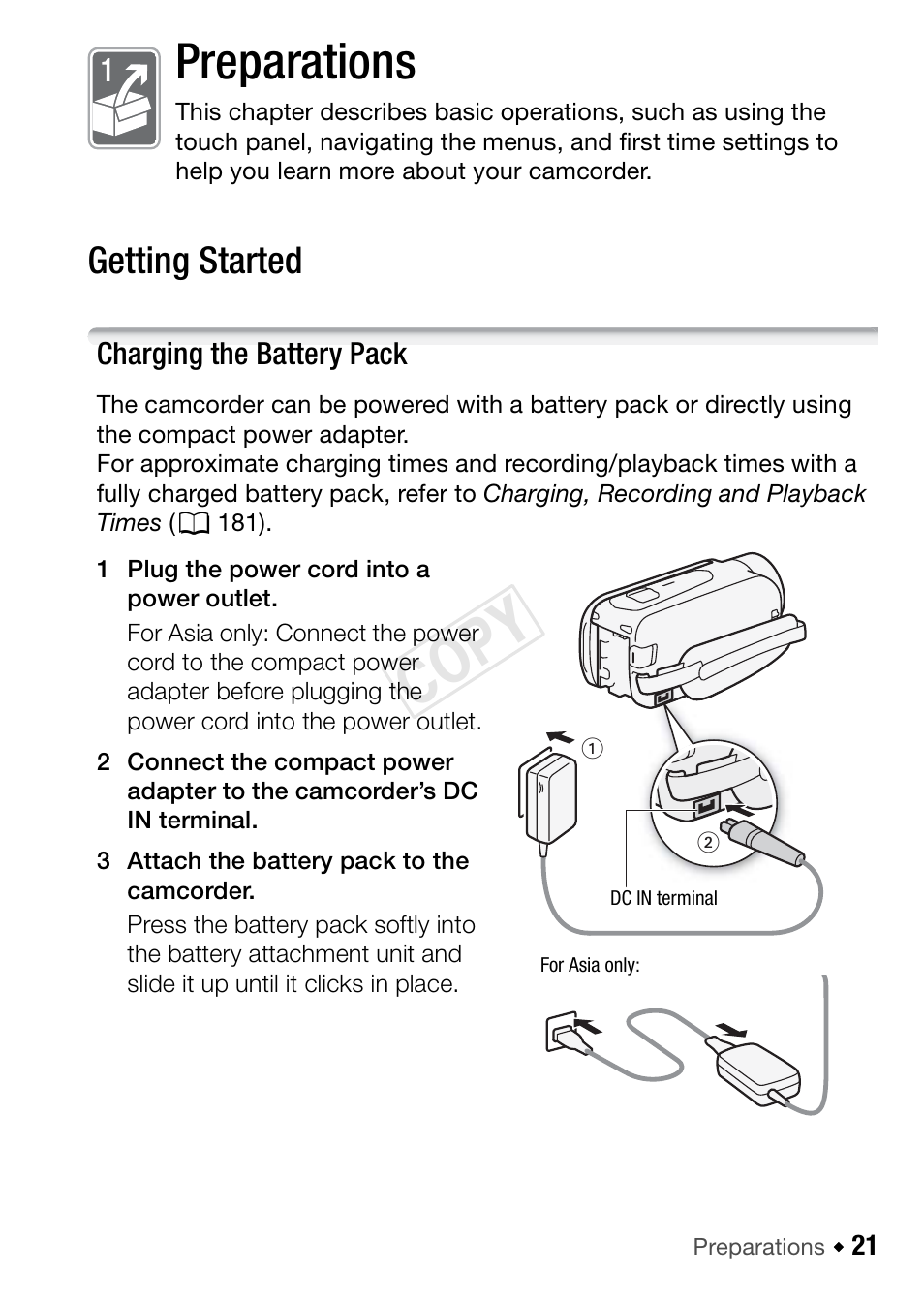 Preparations, Getting started, Charging the battery pack | Cop y | Canon VIXIA HF R42 User Manual | Page 21 / 196