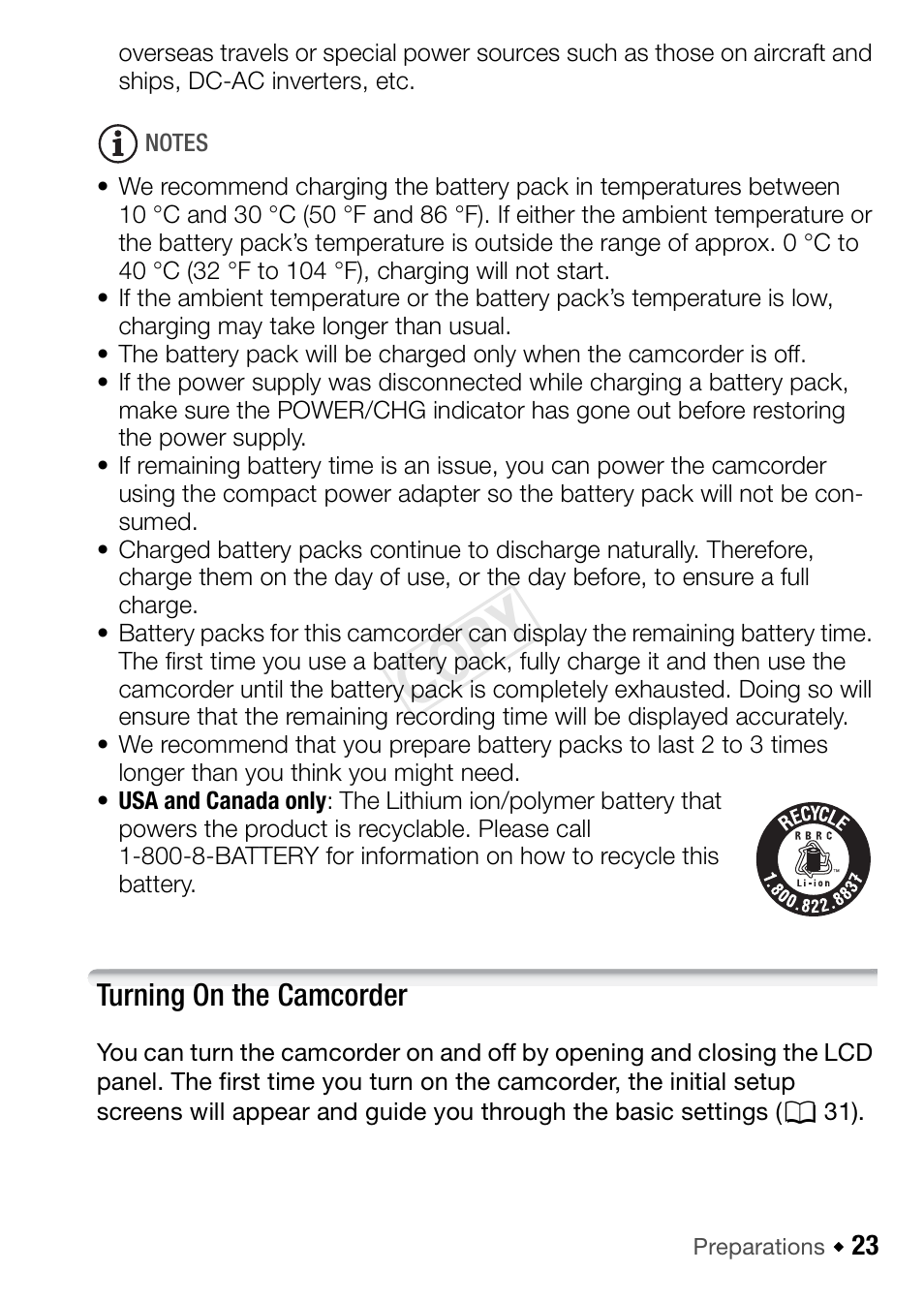 Turning on the camcorder, Cop y | Canon VIXIA HF R42 User Manual | Page 23 / 196