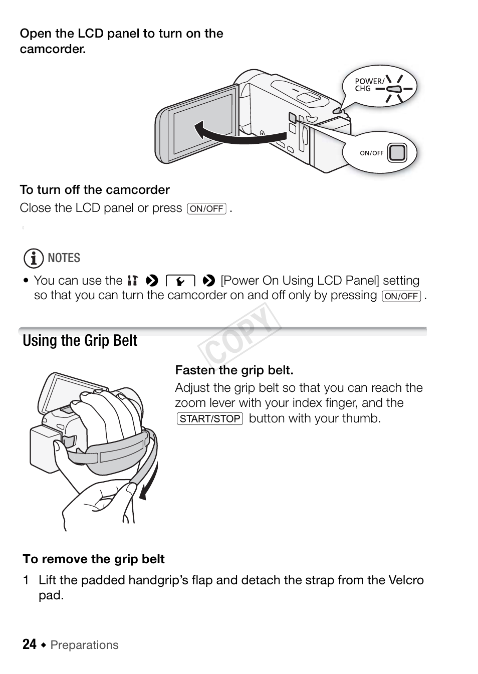 Using the grip belt, Cop y | Canon VIXIA HF R42 User Manual | Page 24 / 196