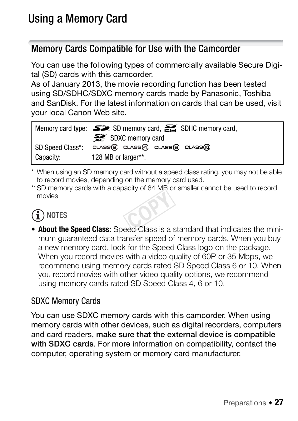 Using a memory card, Memory cards compatible for use with the camcorder, Cop y | Canon VIXIA HF R42 User Manual | Page 27 / 196