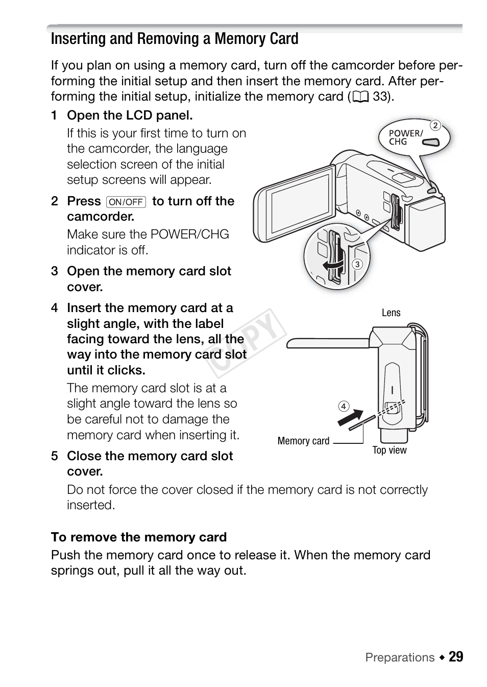 Inserting and removing a memory card, Cop y | Canon VIXIA HF R42 User Manual | Page 29 / 196