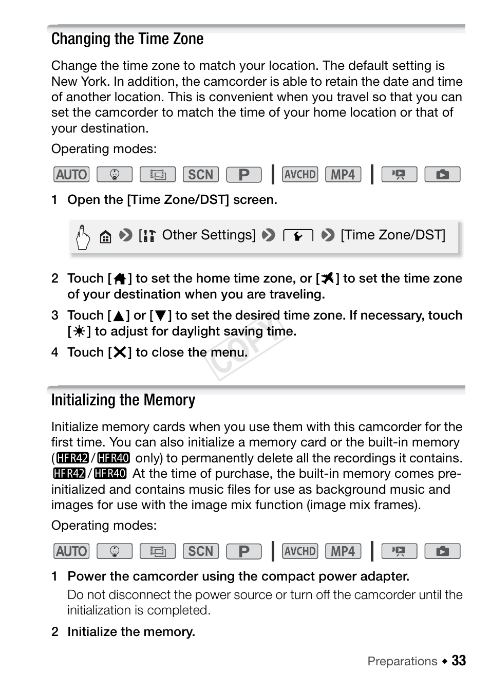 Changing the time zone, Initializing the memory, Cop y | Canon VIXIA HF R42 User Manual | Page 33 / 196