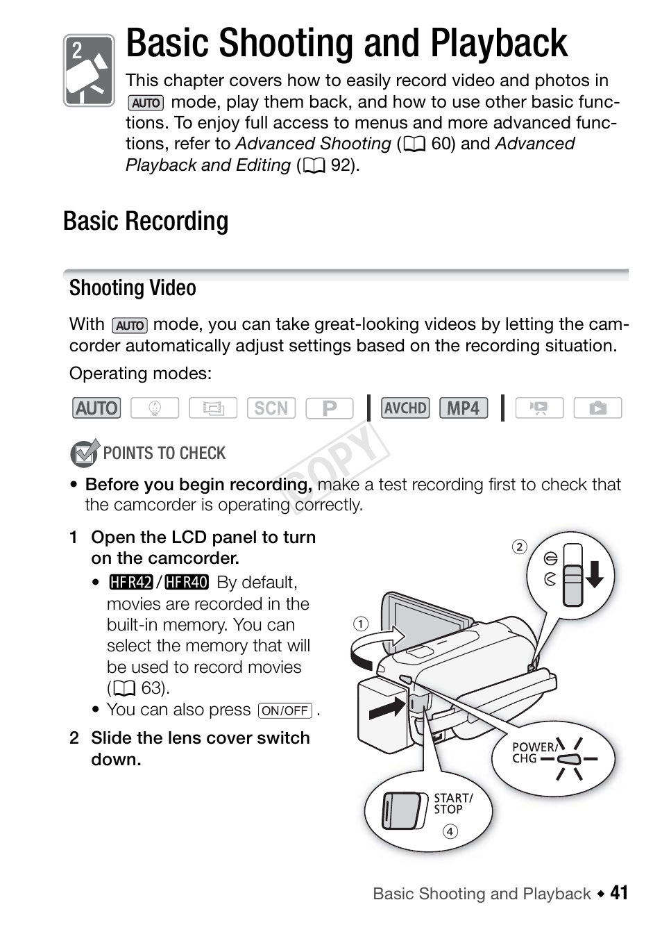 Basic shooting and playback, Basic recording, Shooting video | 41). g, Cop y | Canon VIXIA HF R42 User Manual | Page 41 / 196