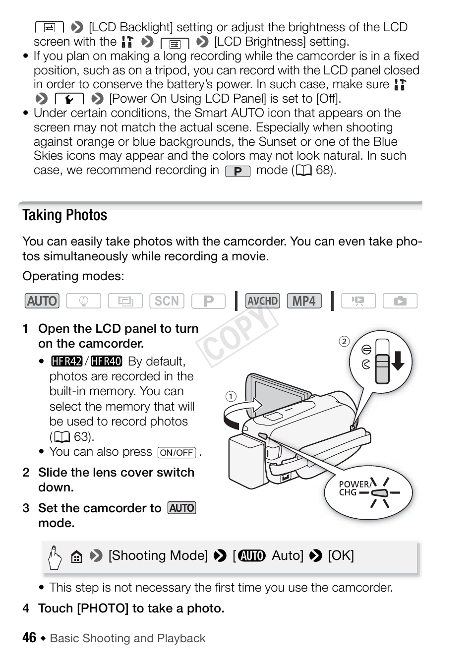 Taking photos, Cop y | Canon VIXIA HF R42 User Manual | Page 46 / 196