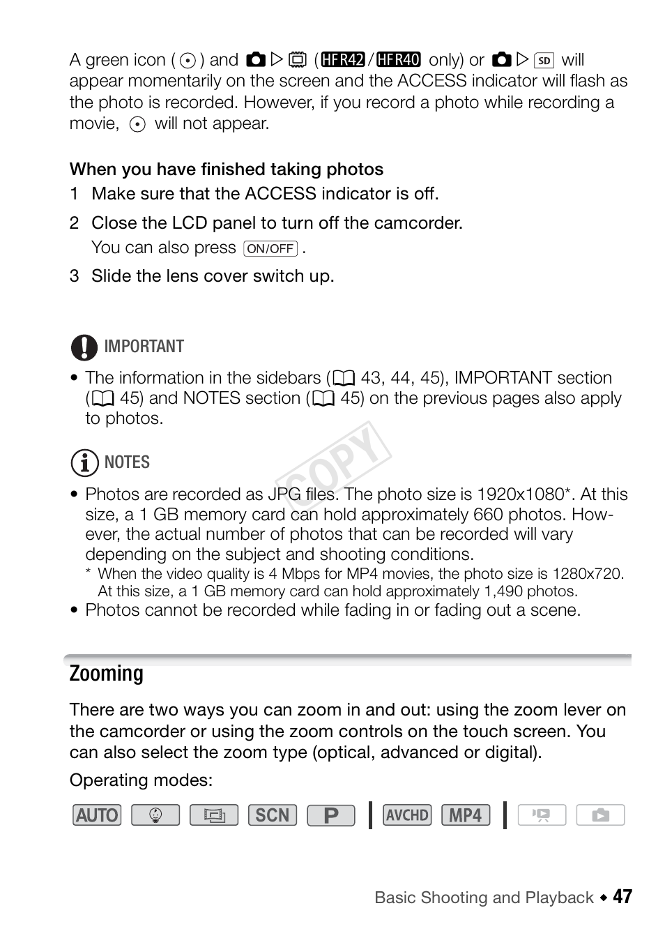 Zooming, Cop y | Canon VIXIA HF R42 User Manual | Page 47 / 196