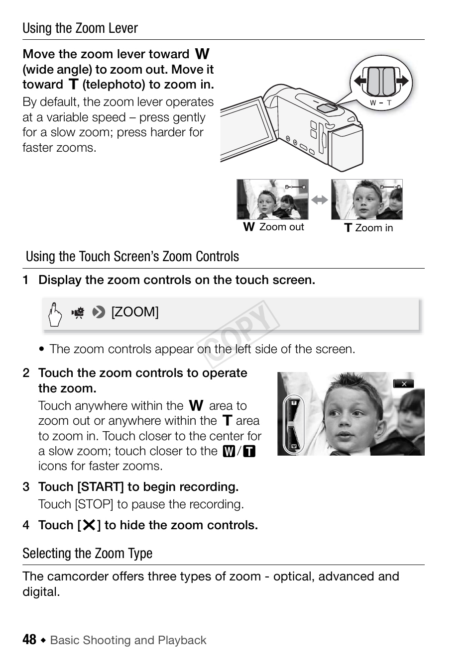 Cop y, Using the zoom lever, Using the touch screen’s zoom controls | Selecting the zoom type | Canon VIXIA HF R42 User Manual | Page 48 / 196