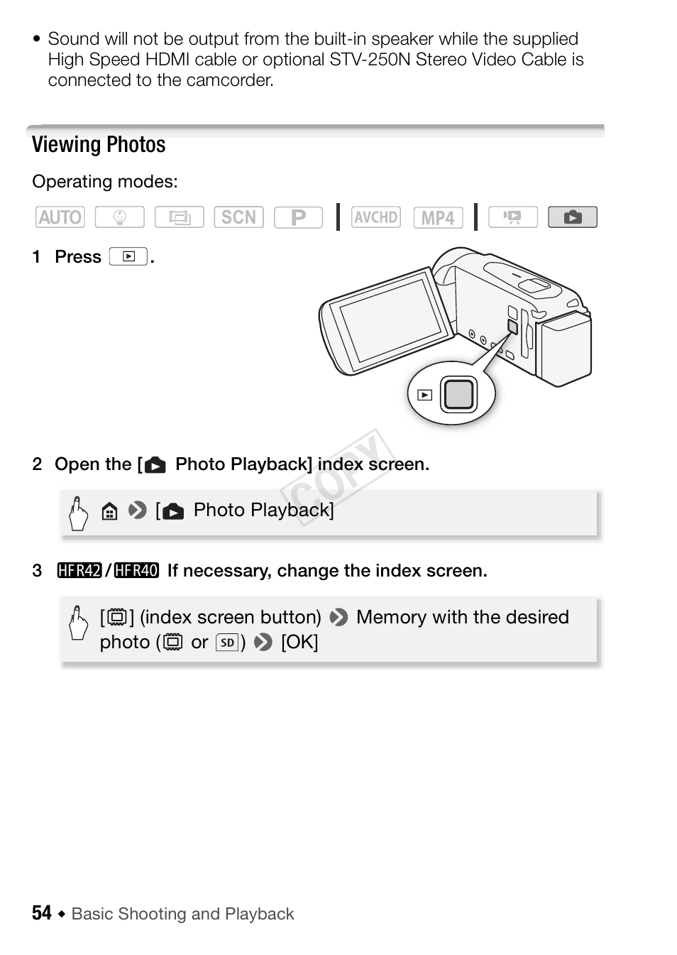 Viewing photos, Cop y | Canon VIXIA HF R42 User Manual | Page 54 / 196