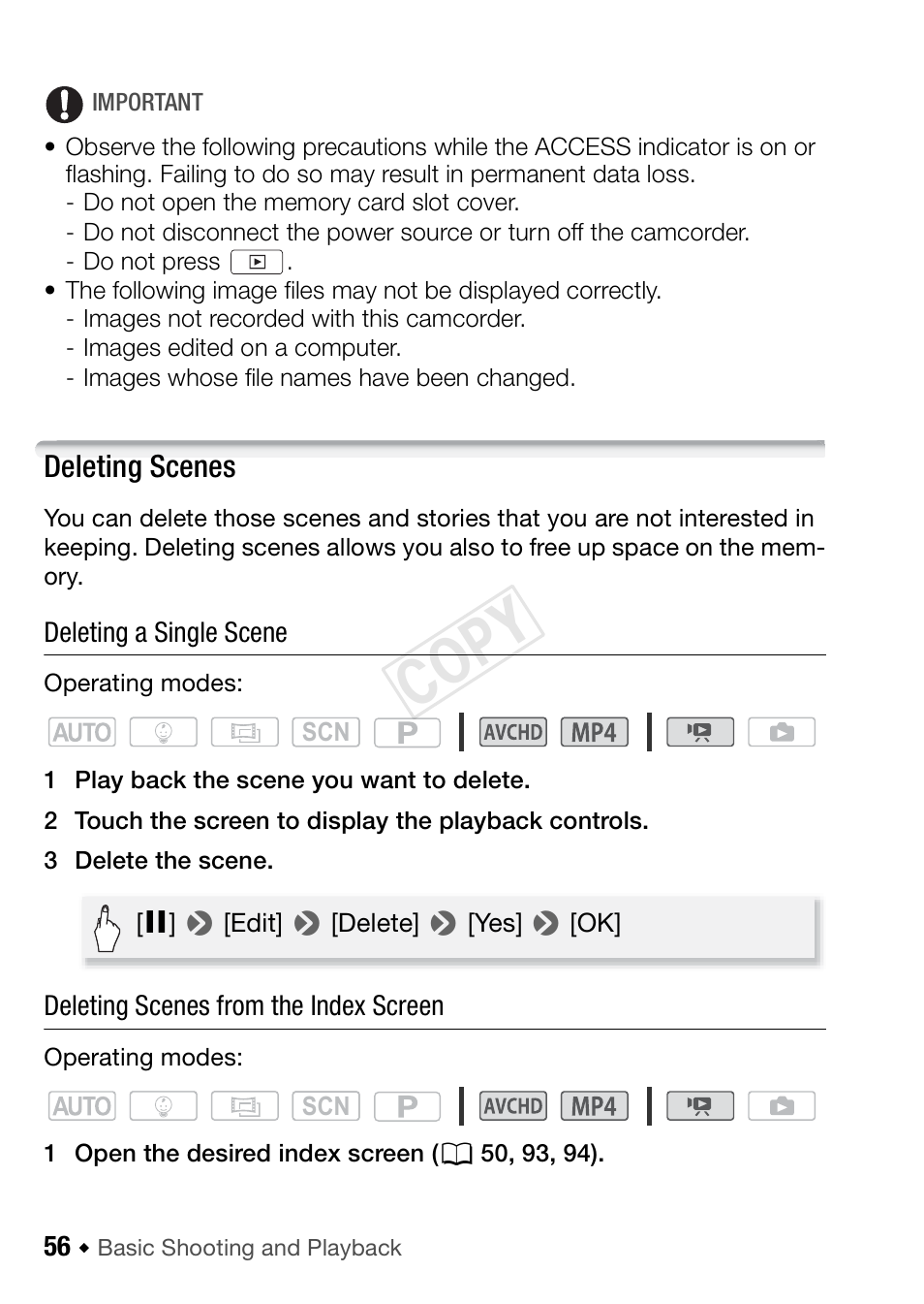 Deleting scenes, Cop y | Canon VIXIA HF R42 User Manual | Page 56 / 196