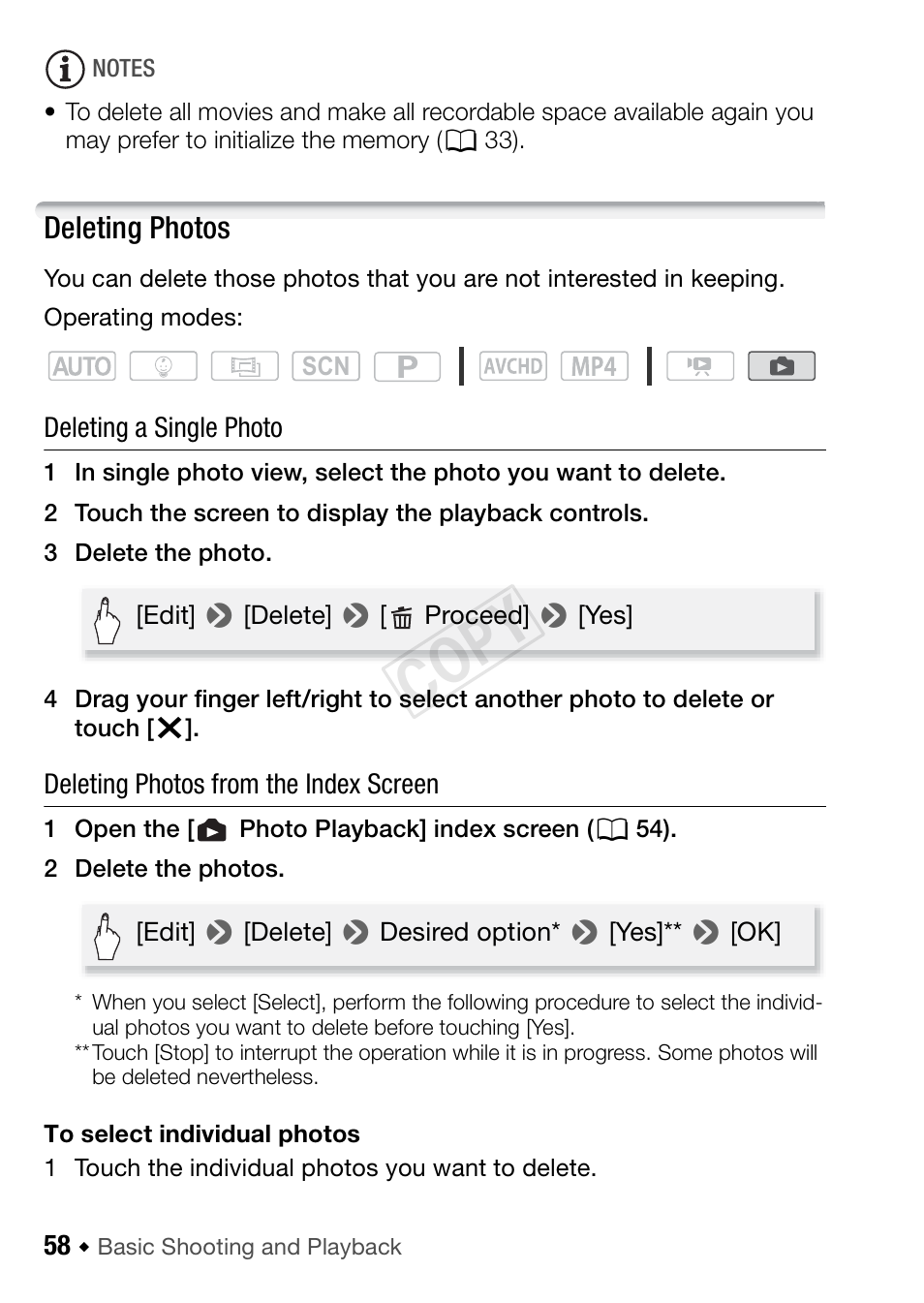 Deleting photos, Cop y | Canon VIXIA HF R42 User Manual | Page 58 / 196