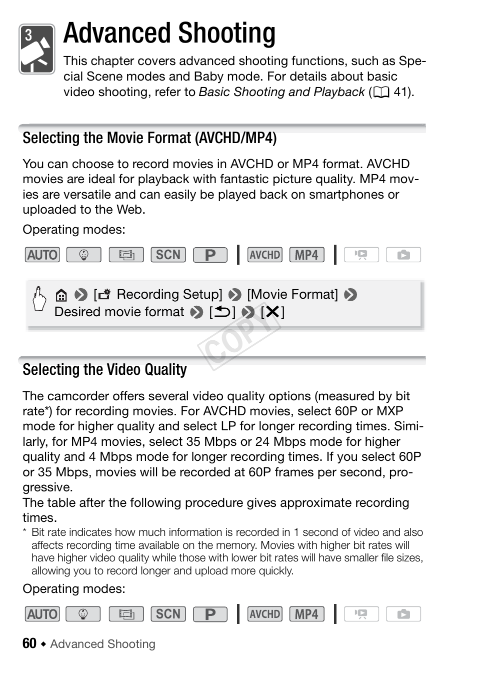 Advanced shooting, Selecting the movie format (avchd/mp4), Selecting the video quality | 60), v, Cop y | Canon VIXIA HF R42 User Manual | Page 60 / 196