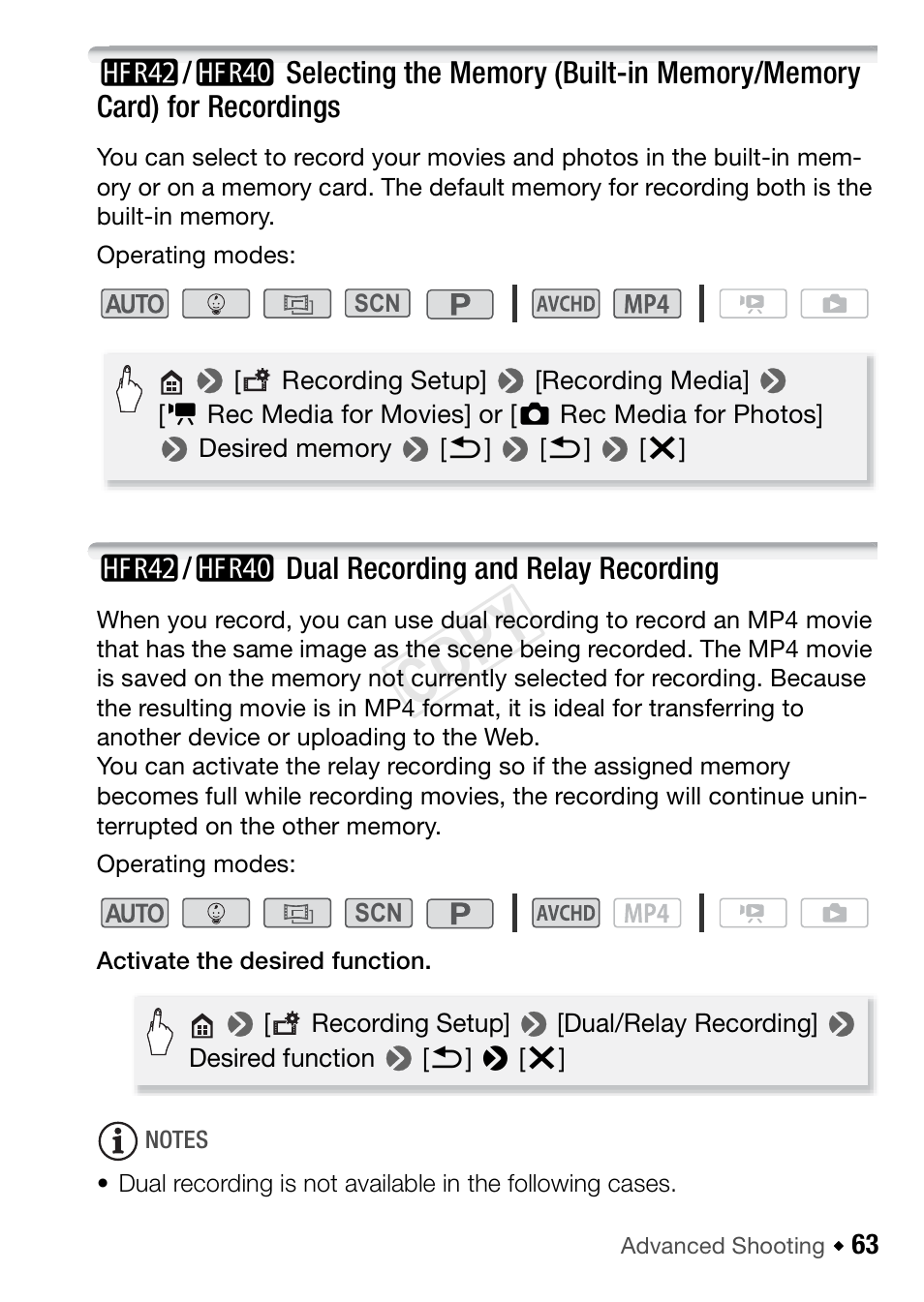 6/4 dual recording and relay recording, 63) a, Cop y | Canon VIXIA HF R42 User Manual | Page 63 / 196