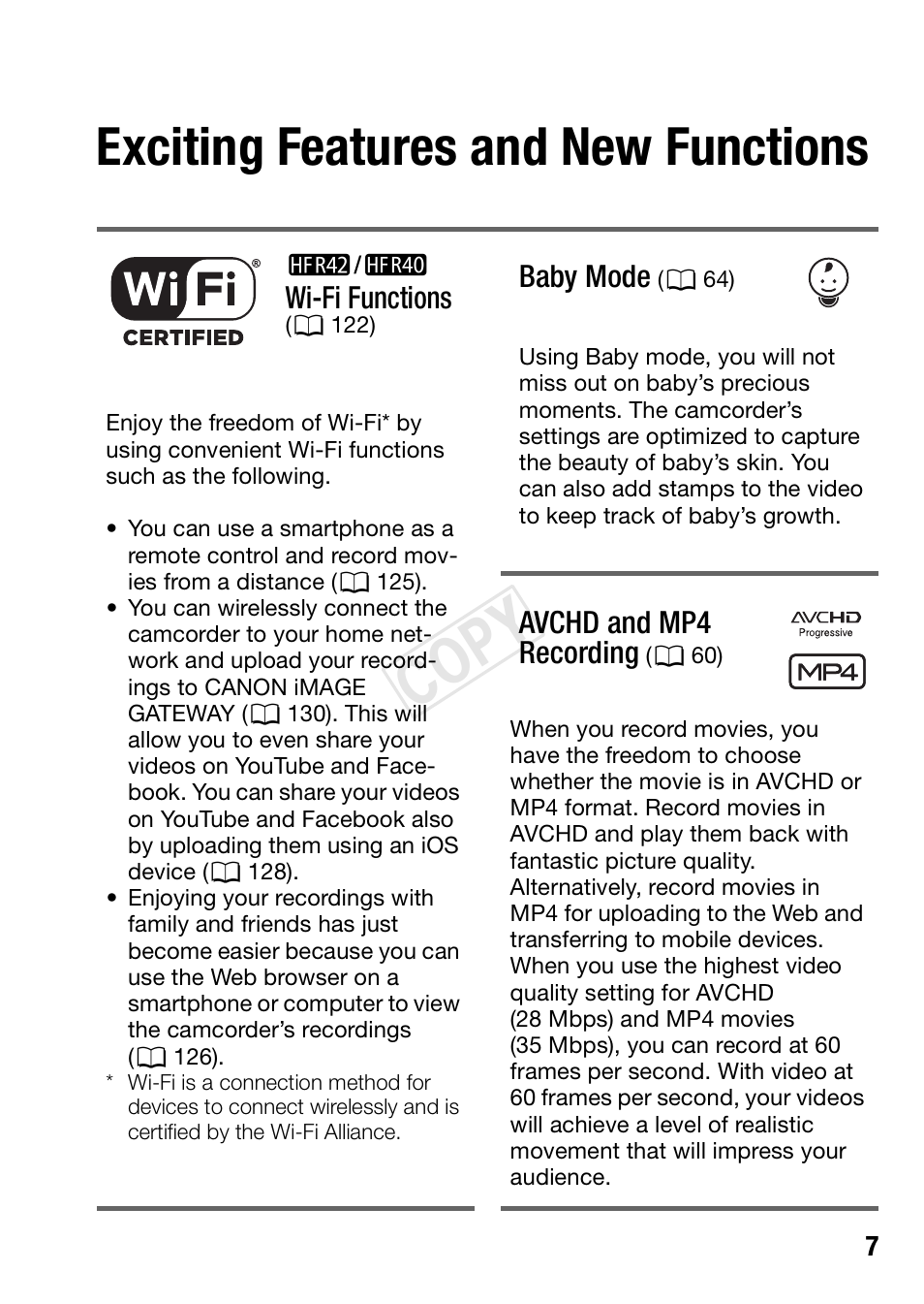 Cop y, Exciting features and new functions | Canon VIXIA HF R42 User Manual | Page 7 / 196