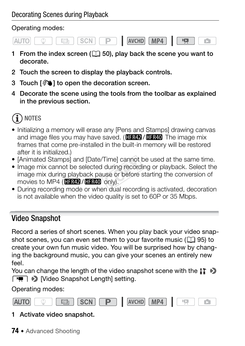 Video snapshot, Cop y | Canon VIXIA HF R42 User Manual | Page 74 / 196