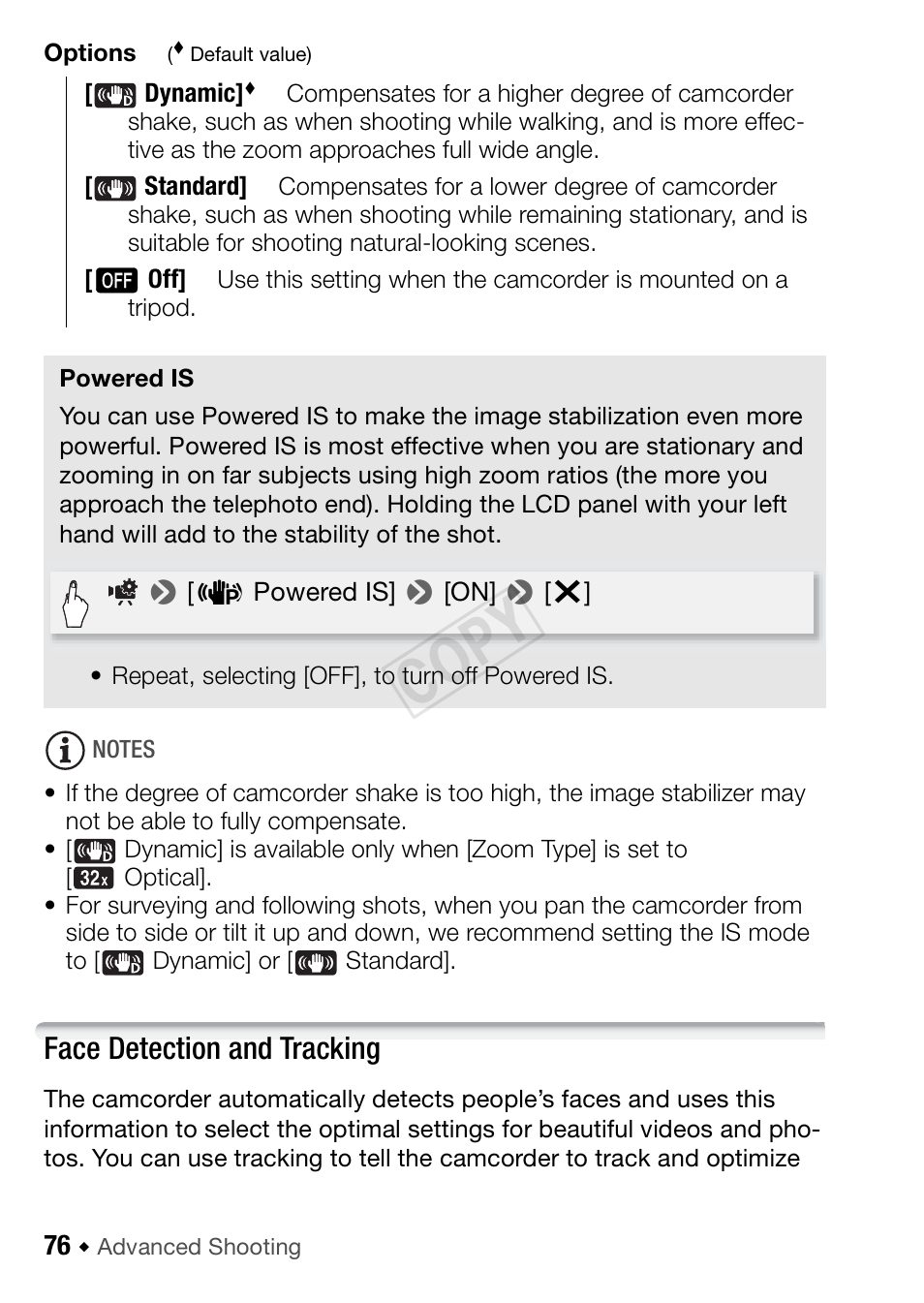 Powered is, Face detection and tracking, 76) t | Cop y | Canon VIXIA HF R42 User Manual | Page 76 / 196