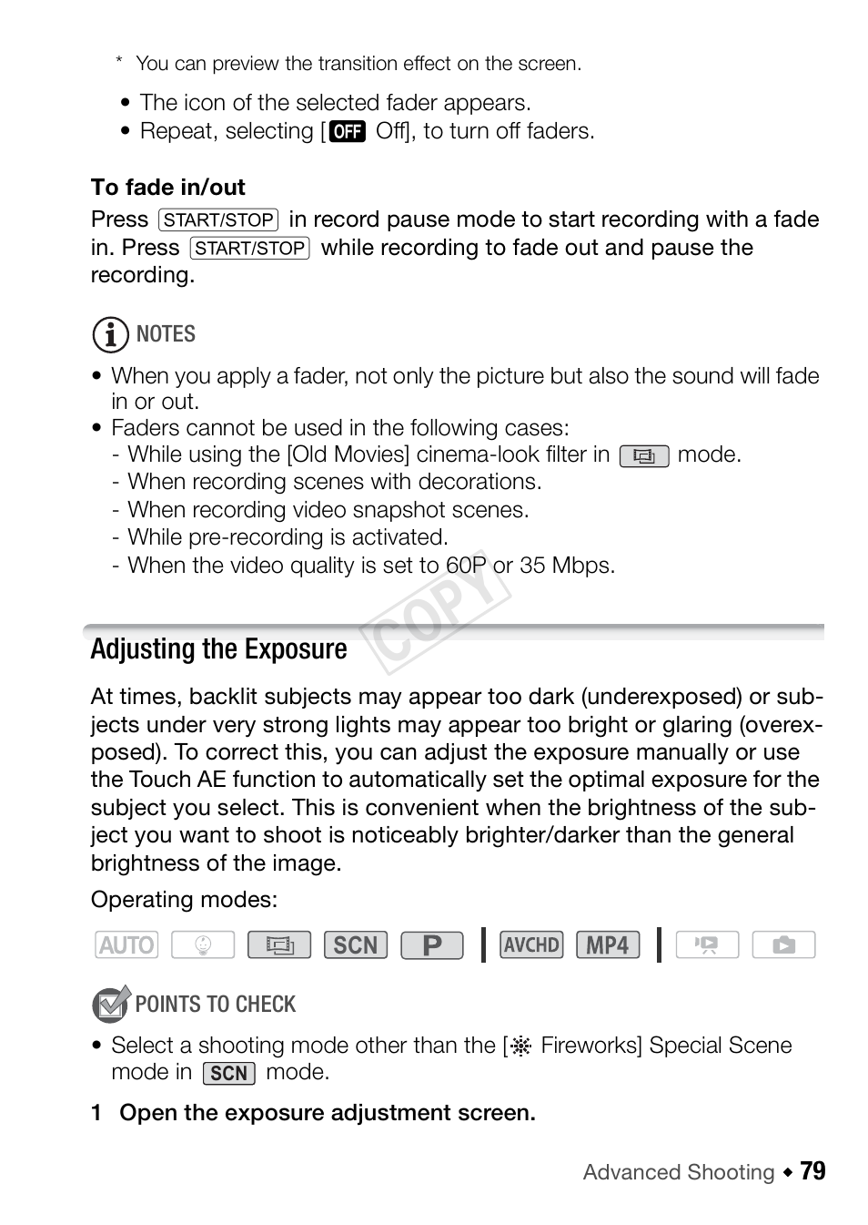 Adjusting the exposure, Cop y | Canon VIXIA HF R42 User Manual | Page 79 / 196