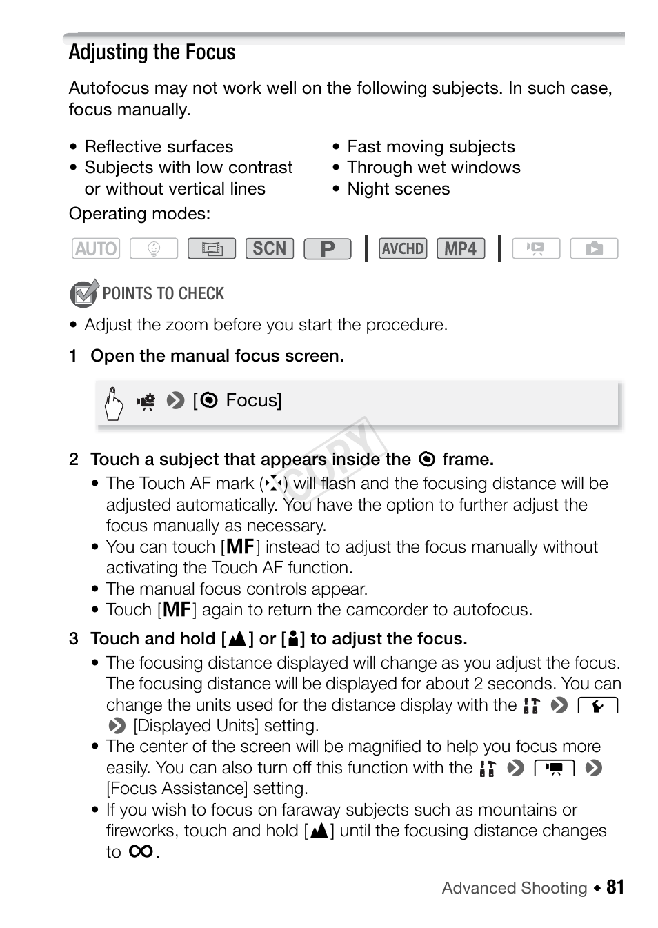 Adjusting the focus, Cop y | Canon VIXIA HF R42 User Manual | Page 81 / 196