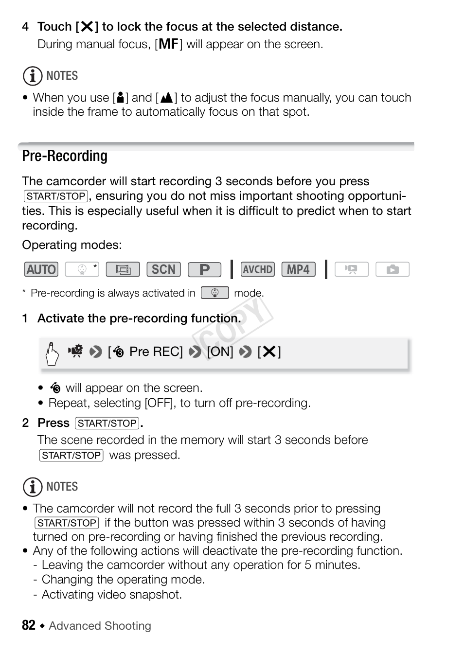 Pre-recording, Cop y | Canon VIXIA HF R42 User Manual | Page 82 / 196