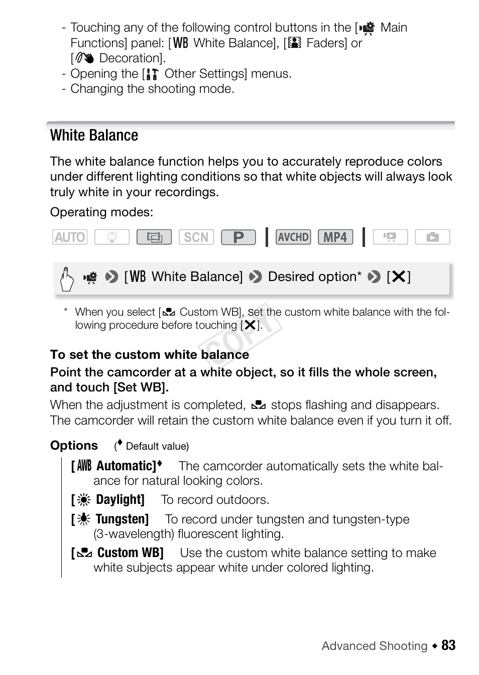 White balance, Cop y | Canon VIXIA HF R42 User Manual | Page 83 / 196