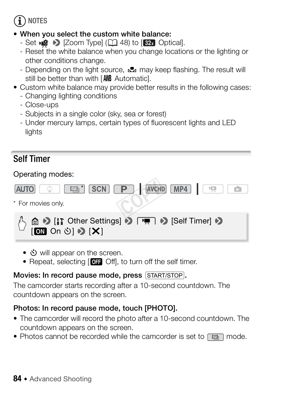 Self timer, Cop y | Canon VIXIA HF R42 User Manual | Page 84 / 196