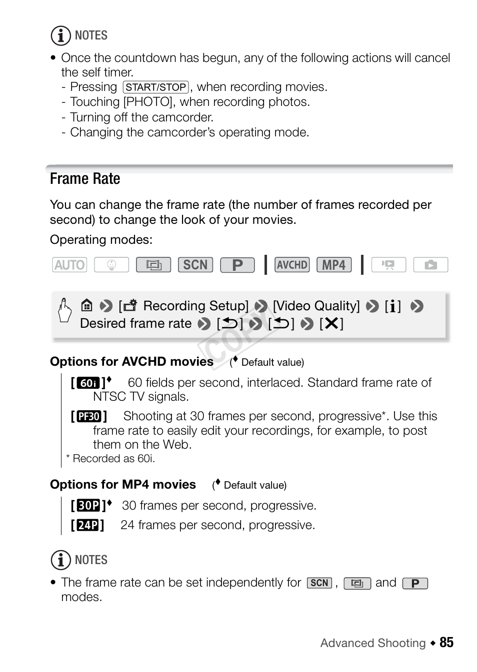 Frame rate, Cop y | Canon VIXIA HF R42 User Manual | Page 85 / 196