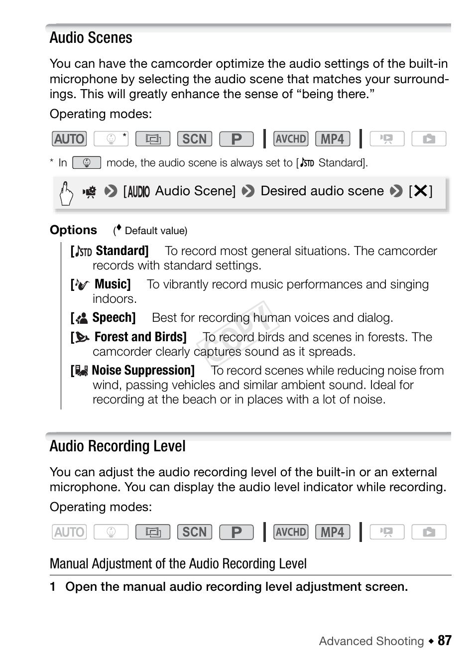 Audio scenes, Audio recording level, Cop y | Canon VIXIA HF R42 User Manual | Page 87 / 196