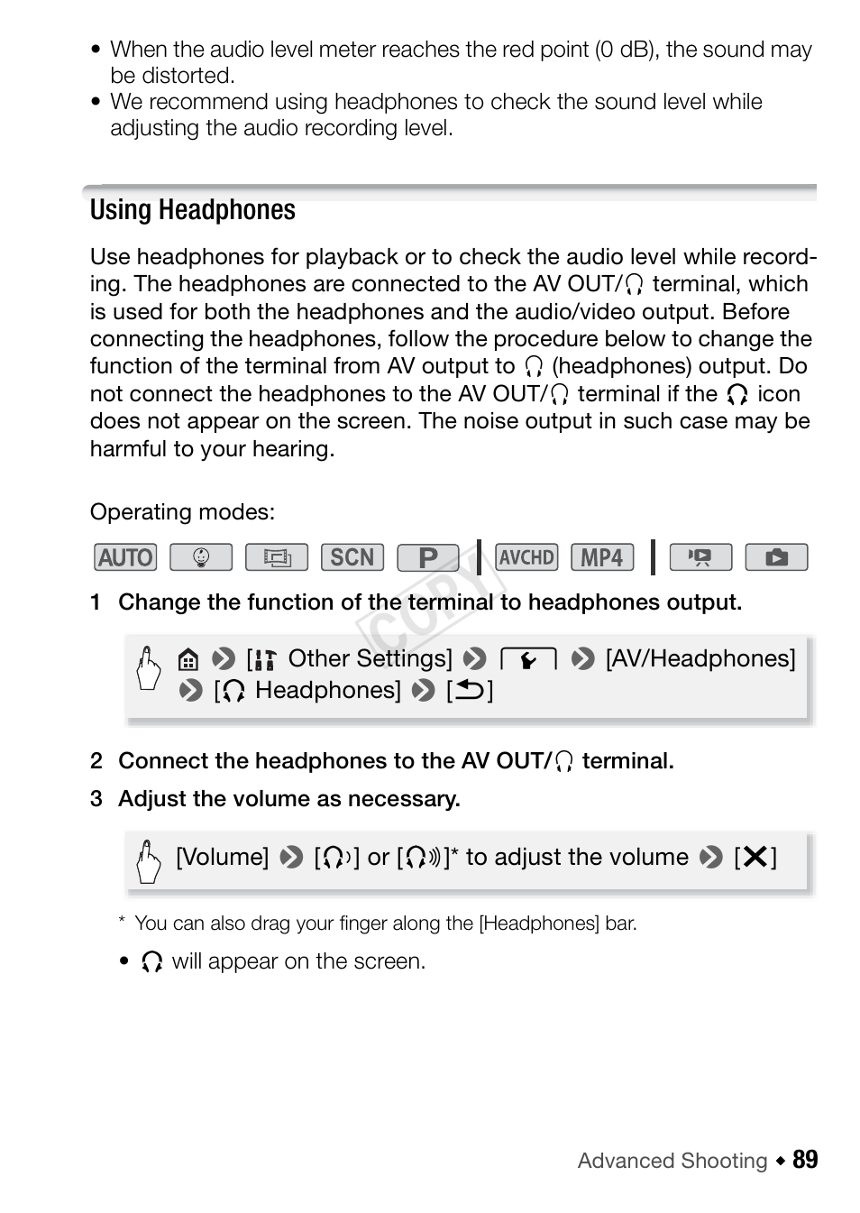 Using headphones, Cop y | Canon VIXIA HF R42 User Manual | Page 89 / 196